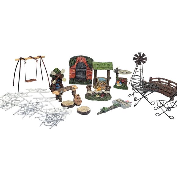 Vtg Fairy Garden Lot Mini Furniture Swing Windmill Well Fence Accessories 20pc - Picture 1 of 13